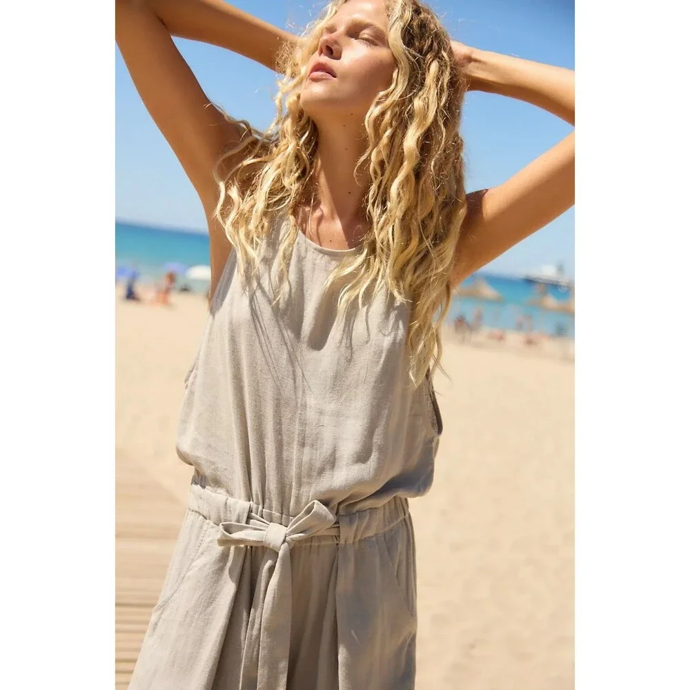 Free People Free-Est Sandshell Linen Linden One-Piece Jumpsuit Dress XS 289733